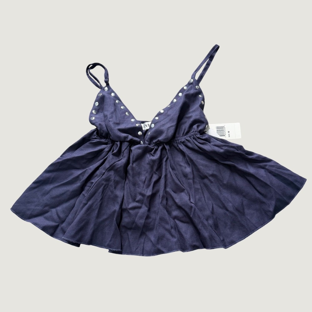 Vigoss Studded Babydoll Camisole Size M Rayon Linen Flowy V-Neck Tank Top Navy
